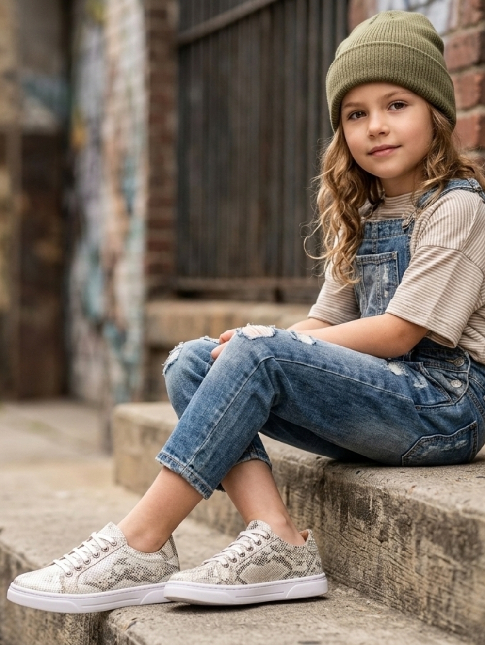 Two Pretty Snakeskin Print Leather Sneakers Girls